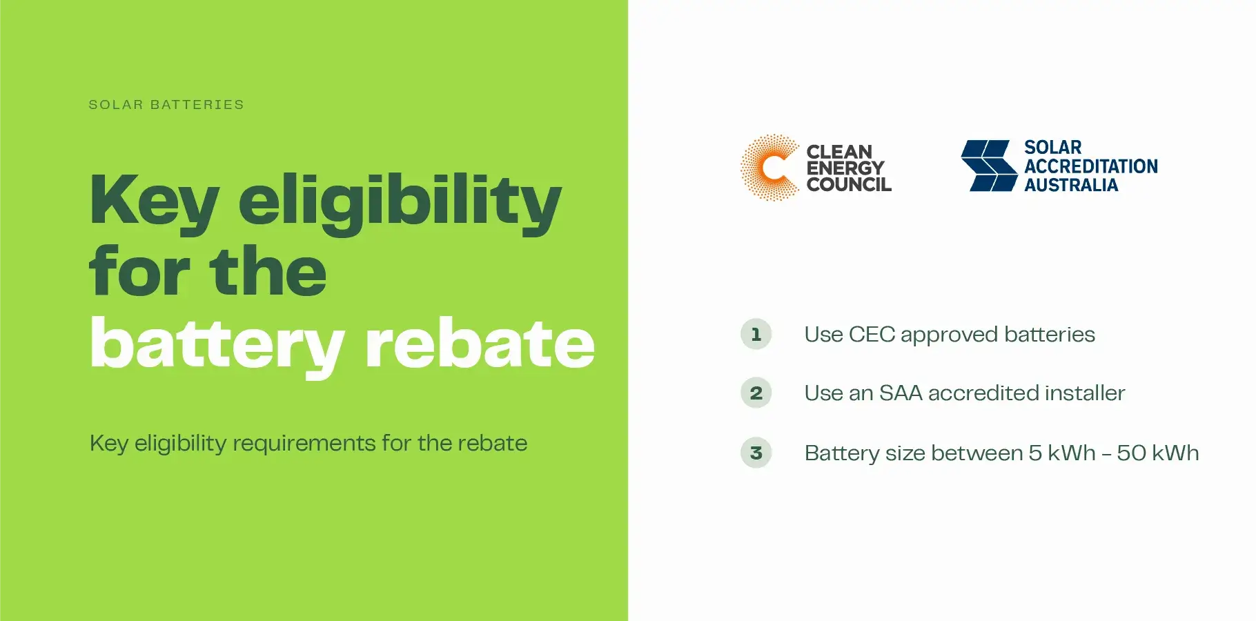 The vector image shows logos for the Clean Energy Council and Solar Accreditation Australia. Text explains key eligibility requirements for the battery rebate including: 1. Must use CEC approved batteries, 2. Must use a SAA accredited battery installer and 3. Battery capacity must be between 5 kWh - 50 kWh.