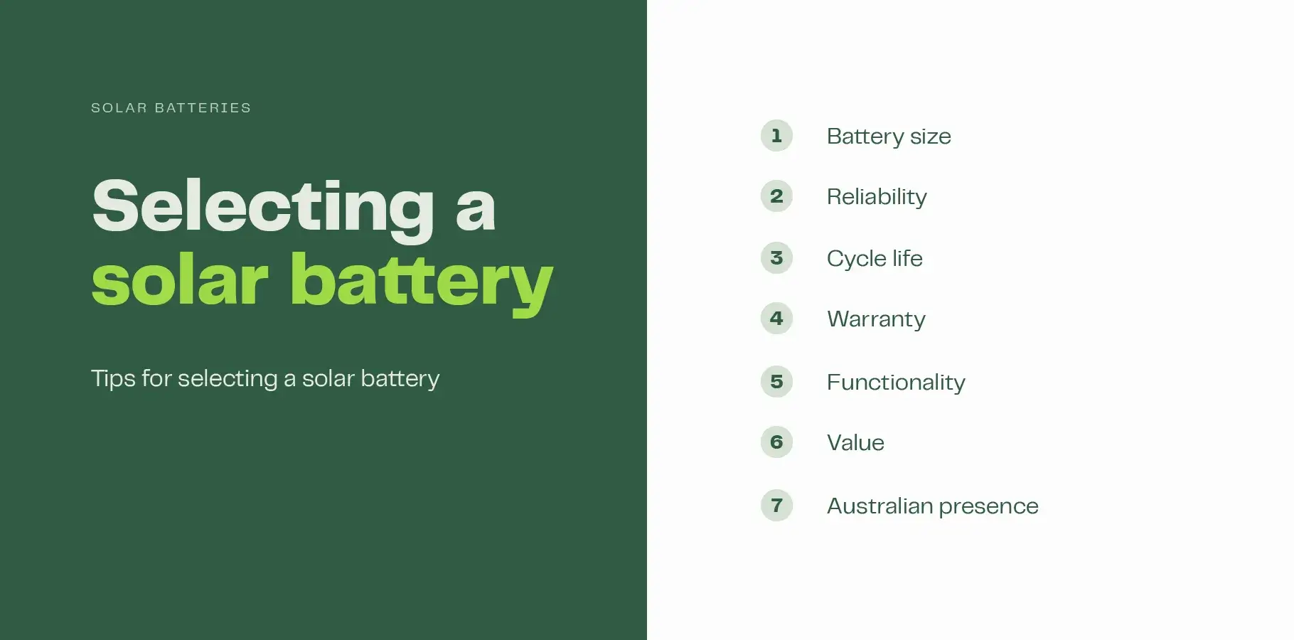 The image features a list of solar battery buying tips, including: battery size, reliability, cycle life, warranty, functionality, Australian presence and value.