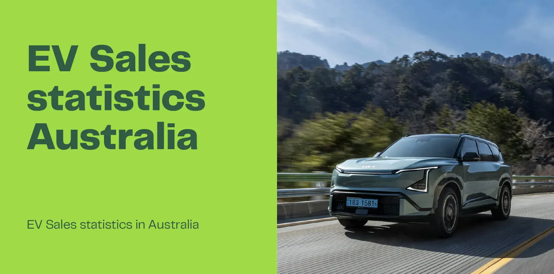 The image shows a photo of an electric vehicle driving through the Australian landscape. Adjacent text reads 'EV Sales statistics Australia 2026'.'.