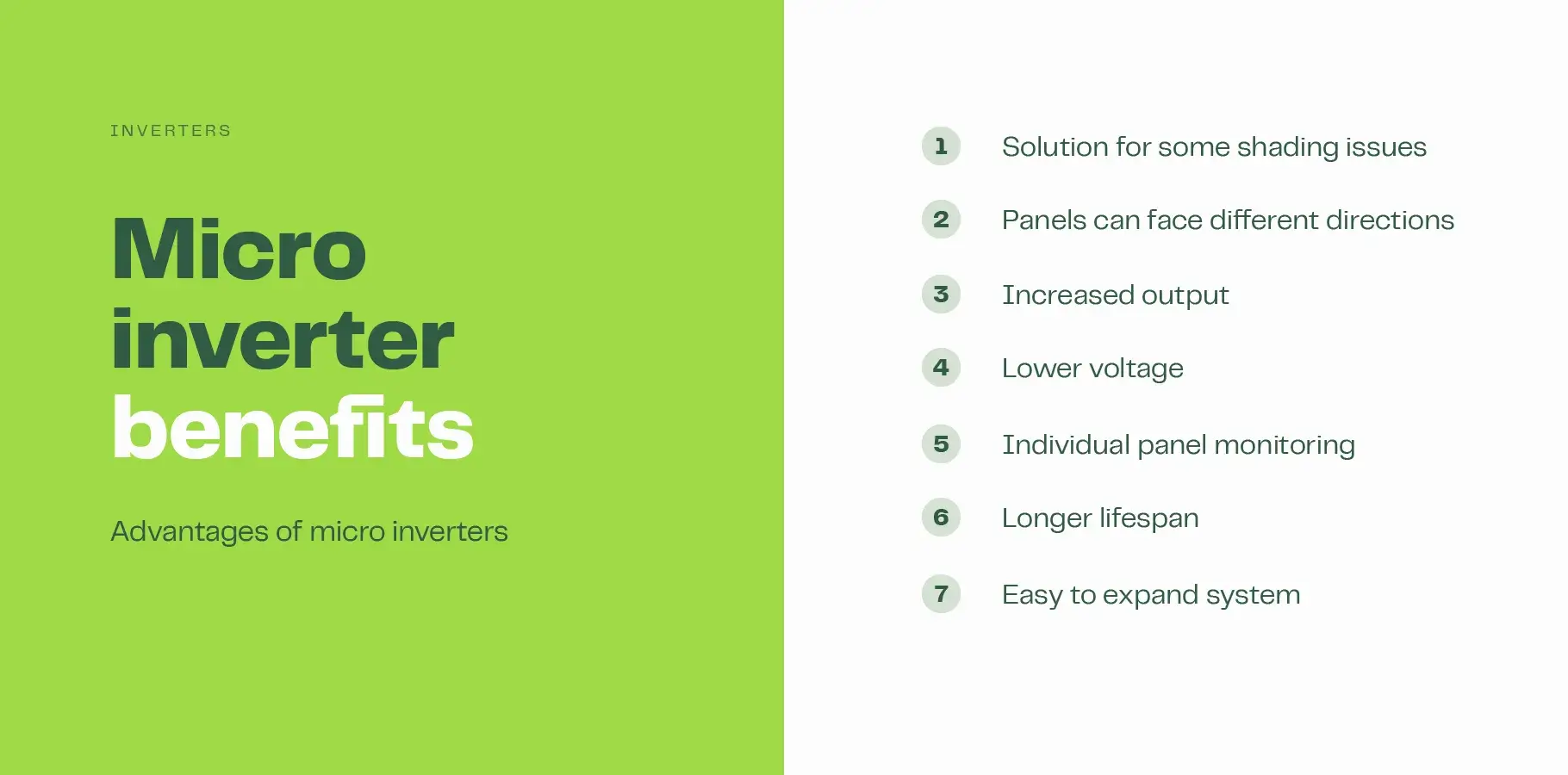 This image lists the advantages of micro inverters: a solution to shading issues, allow for panels on different orientations, increased output, lower voltage, allow for individual panel monitoring, longer lifespan and make it easier to expand the system.