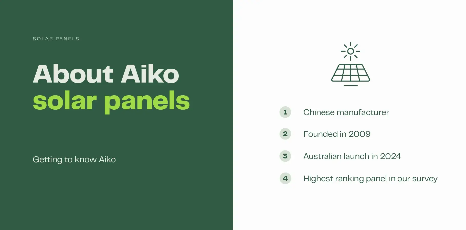 The infographic image shows a solar panel. Adjacent text reads: 1. Chinese manufacturer, 2. Founded in 2009, 3. Australian launch in 2024 and 4. Highest ranking panel in our survey.