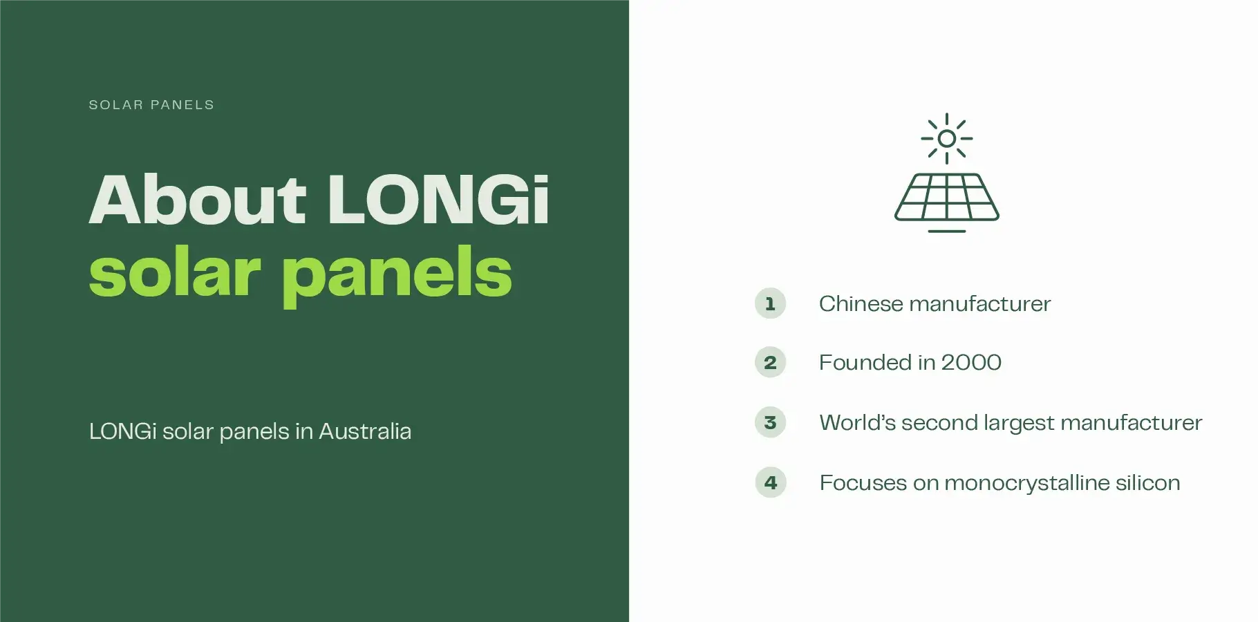 The infographic image shows a solar panel. Adjacent text reads: 1. Chinese manufacturer, 2. Founded in 2000, 3. World's second largest manufacturer and 4. Focuses on monocrystalline silicon.