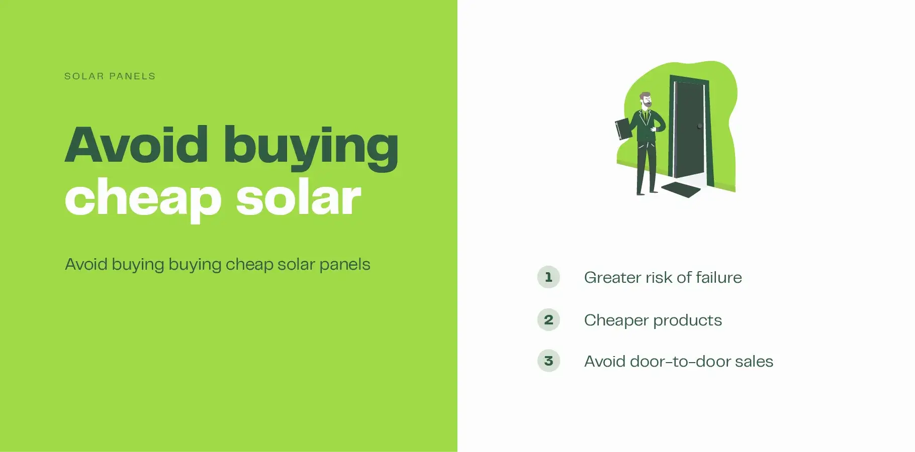 The vector image shows a door-to-door salesman with a booklet. Text below explains that you should try and avoid buying cheap solar as it is more likely to fail and is a greater safety risk.