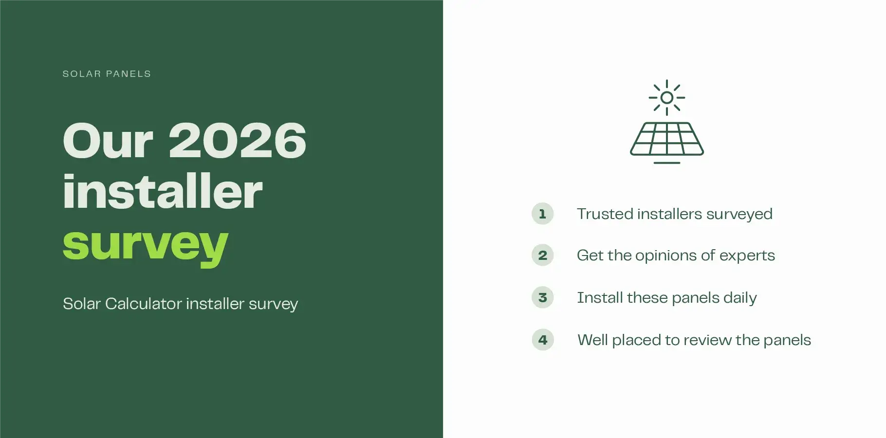 The infographic image explains the key details of the Solar Calculator 2026 installer survey. Adjacent text reads: 1. Trusted installers surveyed, 2. Get the opinions of experts, 3. Who install these panels daily and 4. Are well placed to review the panels.