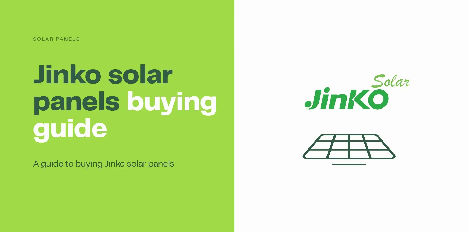 The vector image shows the Jinko logo above a solar panel. Adjacent text reads 'Jinko solar panels buying guide'.