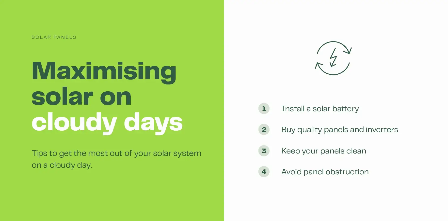 The infographic image explains how to maximise solar production on cloudy days: 1. Install a solar battery, 2. Buy quality panels and an inverter, 3. Keep your panels clean and 4. Avoid panel obstruction.