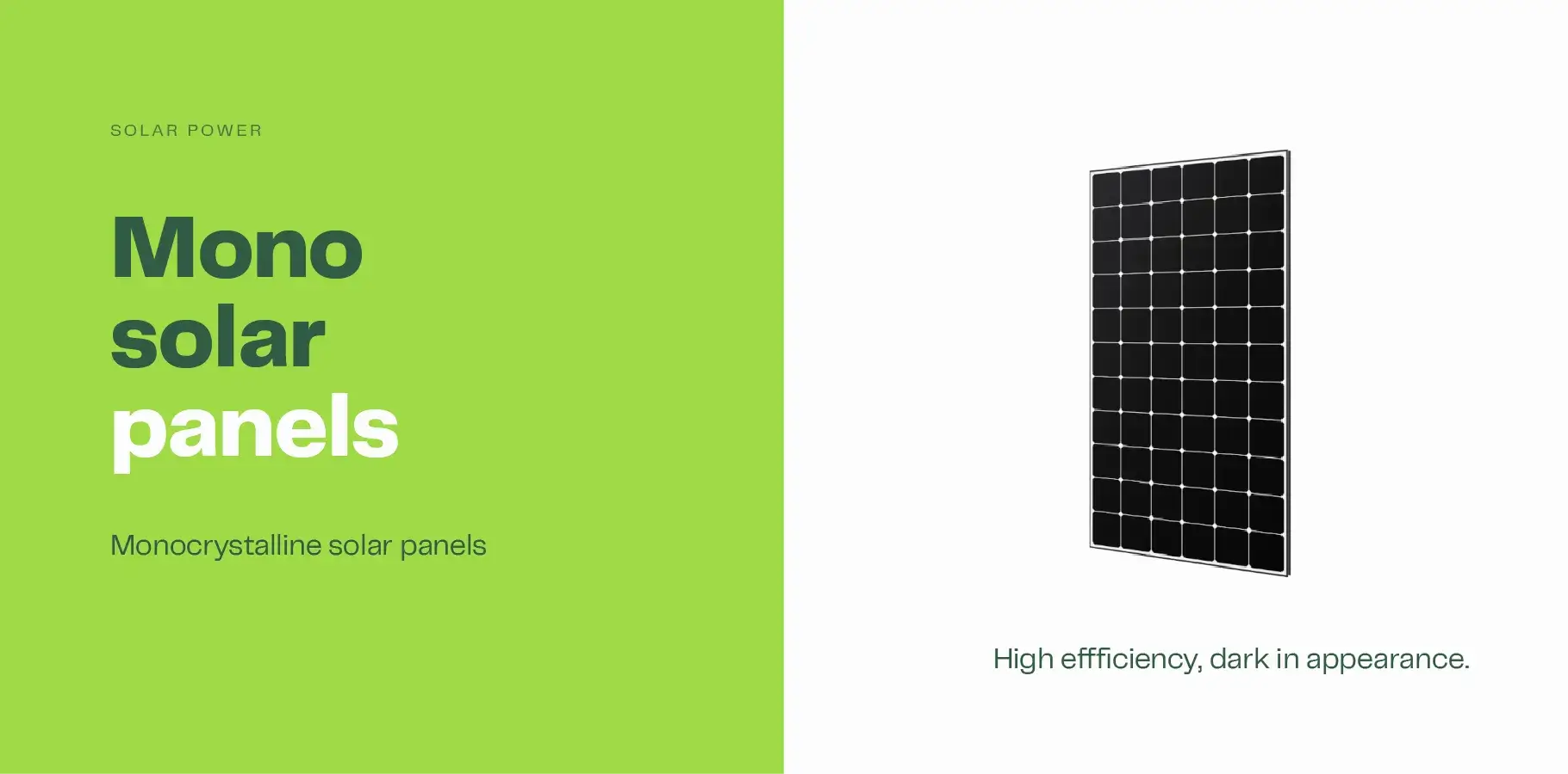 The image shows a photo of real life monocrystalline solar panel. Beside text reads 'Mono solar panels, high in efficiency and dark in appearance.
