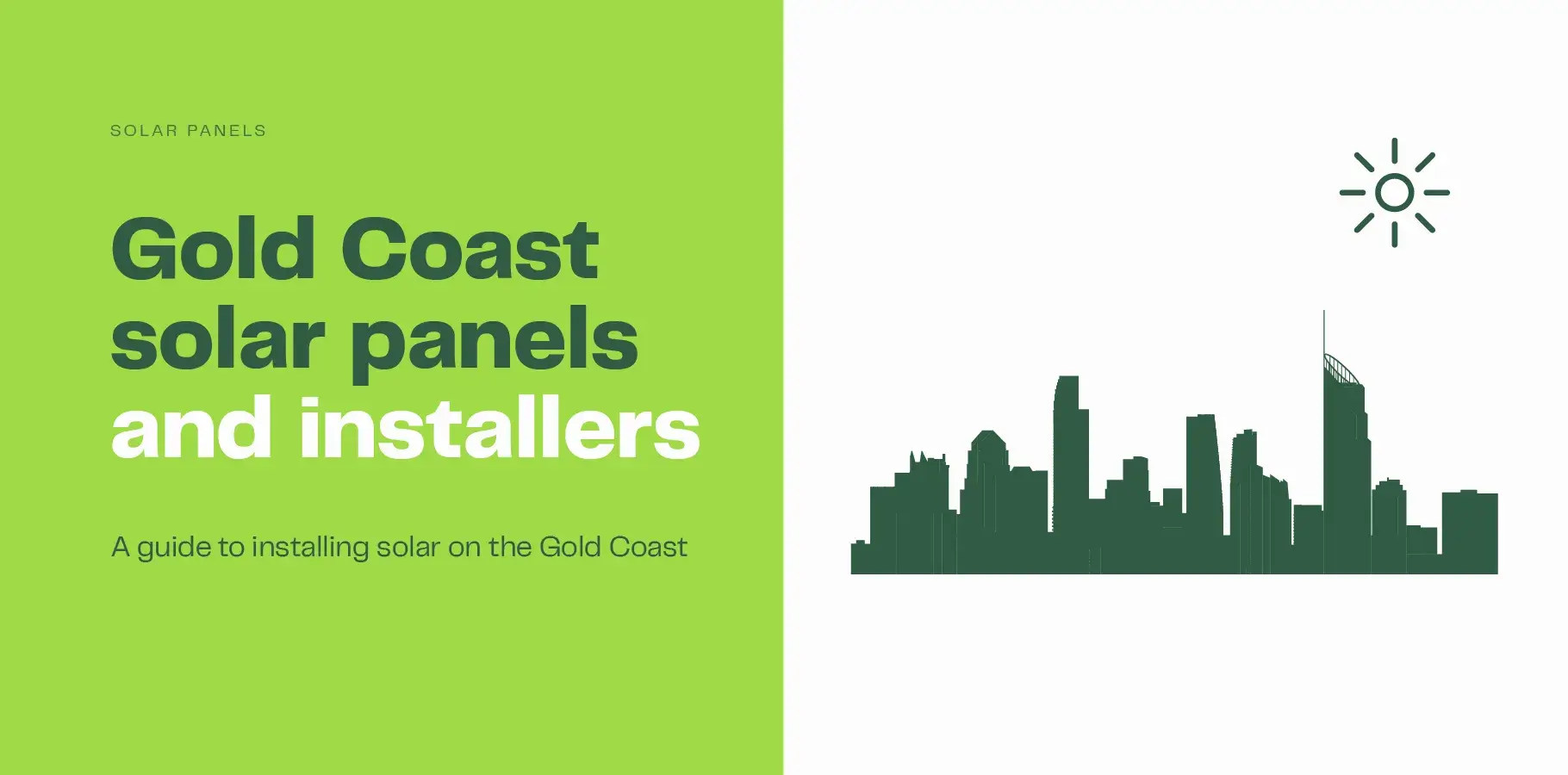 The vector image shows an outline of the Gold Coast city skyline. The adjacent text says 'Gold Coast solar panels and installers'.