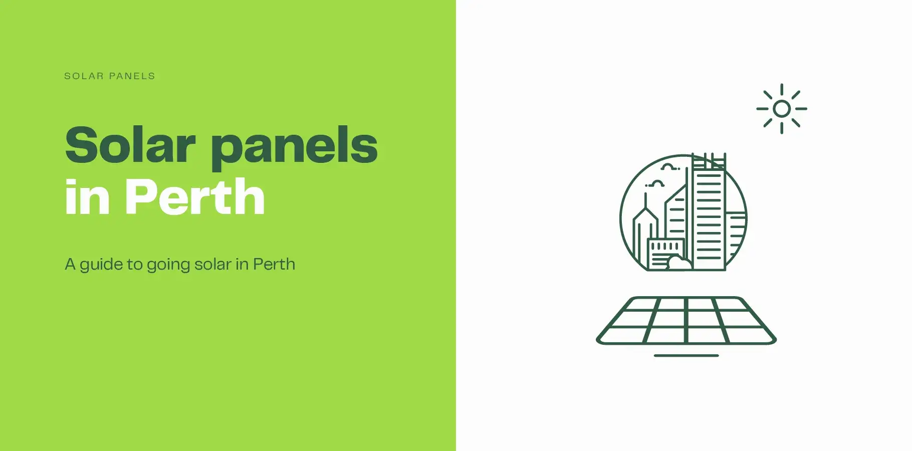 The vector image shows an outline of the Perth city skyline with a solar panel below it. The adjacent text says 'Solar panels in Perth - a guide to going solar'.