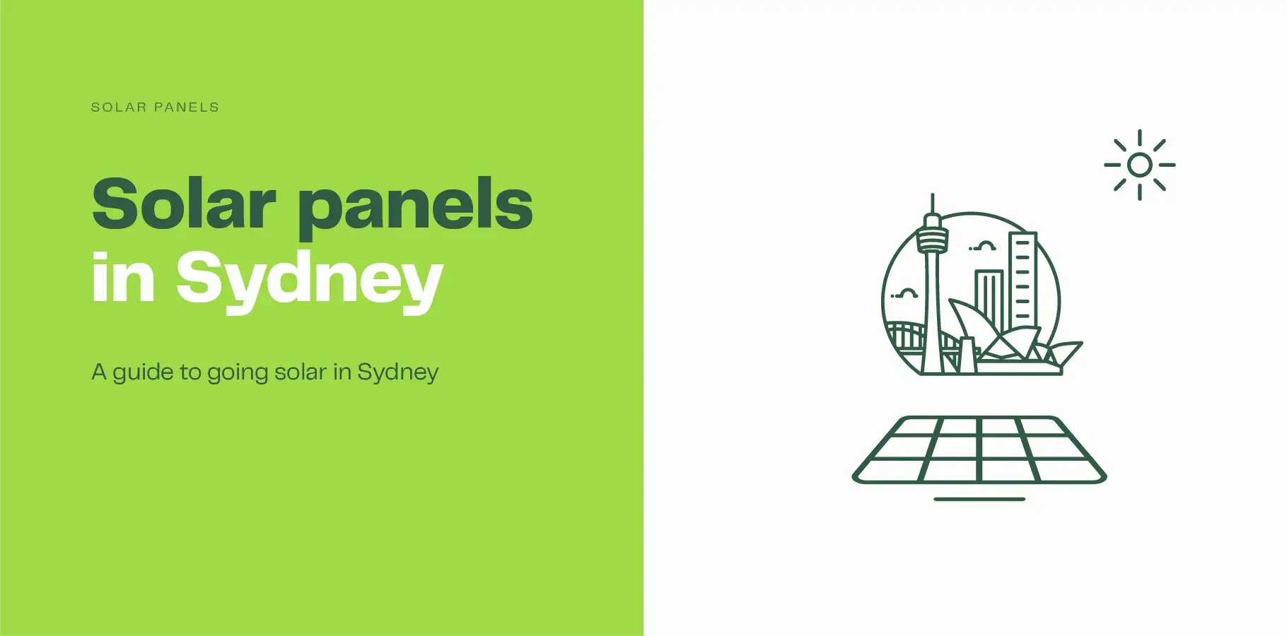 The vector image shows an outline of the Sydney city skyline with a solar panel below it. The adjacent text says 'Solar panels in Sydney - a guide to going solar'.