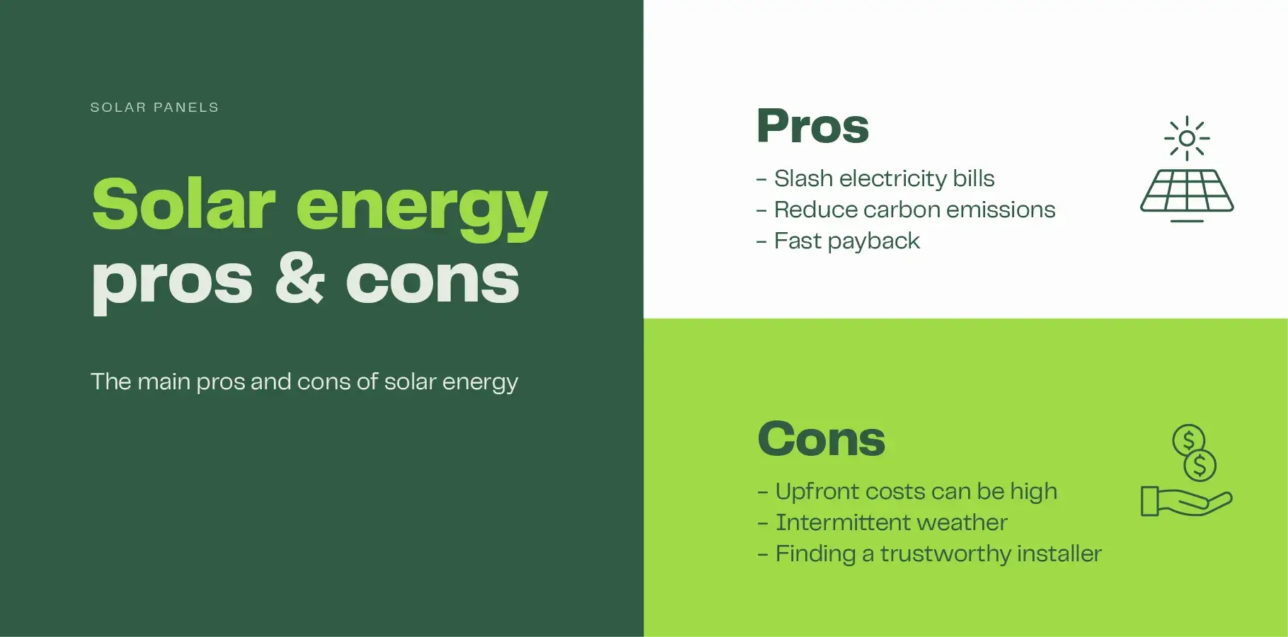 The infographic image highlights the main pros and cons of solar energy. Pros: 1. Lower electricity bills, fast system payback and reduce carbon emissions. Cons: Upfront cost, intermittent supply and finding a trustworthy installer company.