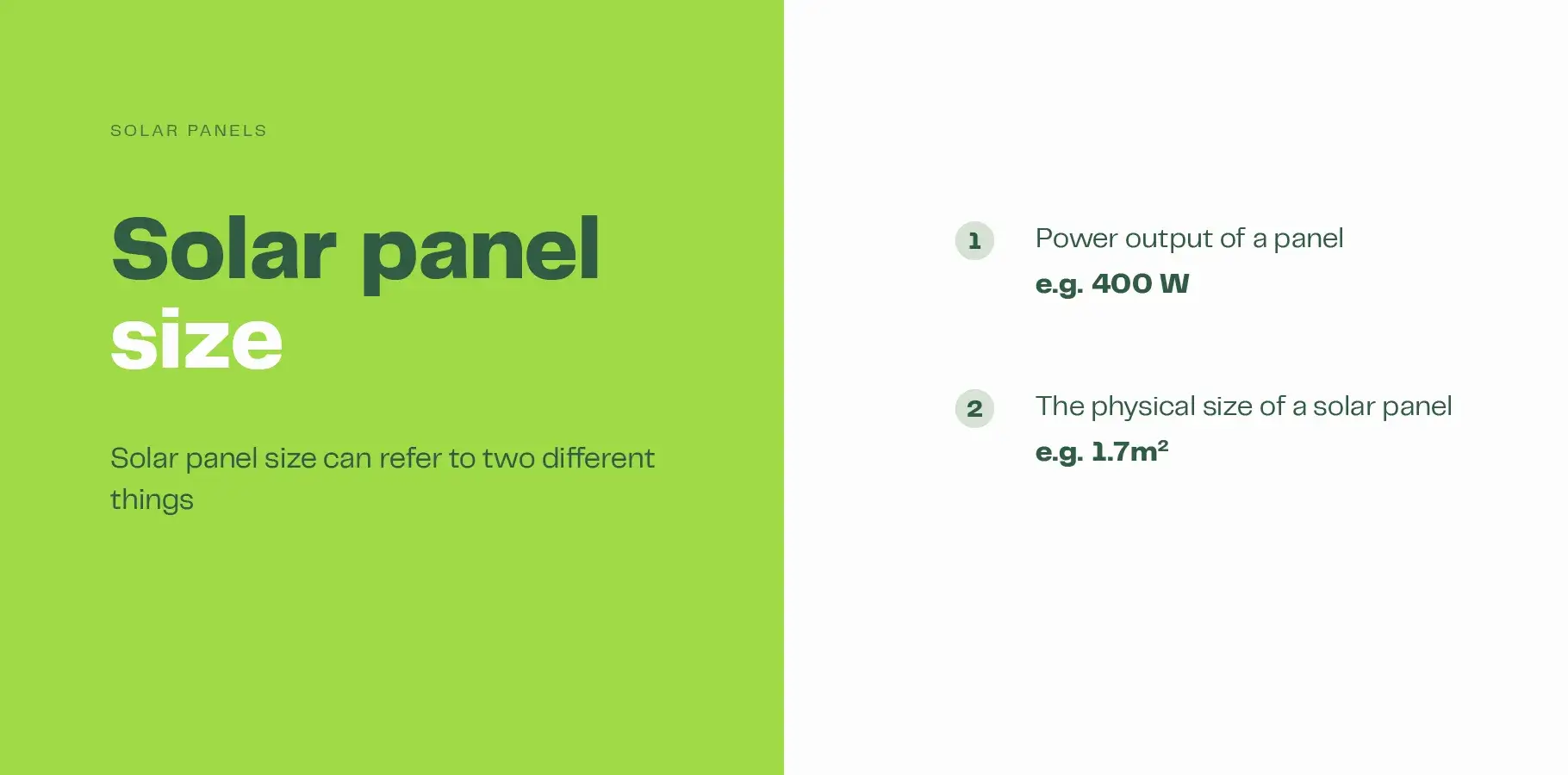 The graphic style image features text explaining that solar panel size can refer to: 1. The power output of a panel e.g. 400W and 2. The physical size of a solar panel.