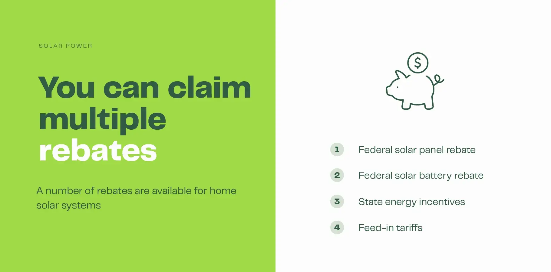 The infographic features a piggy bank with coins. Text below it explains that it is possible to claim multiple rebates, including: 1. The federal solar panel rebate, 2. The federal solar battery rebate 3. State energy incentives and 4. Feed-in tariffs.