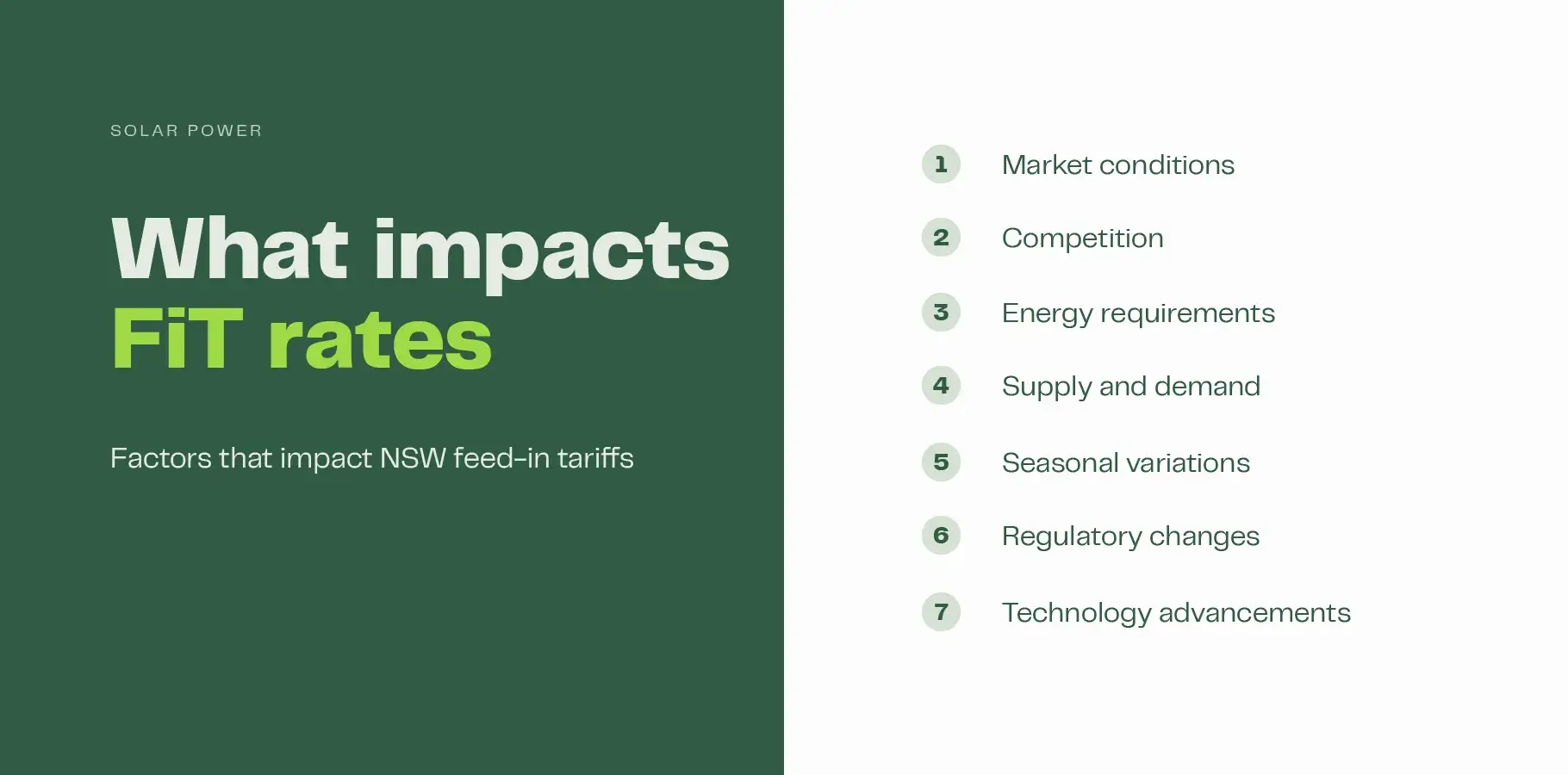 The image features a list stating the factors that impact feed-in tariff rates: 1. Market conditions, 2. Competition, 3. Energy requirements, 4. Supply and demand, 5. Seasonal variations, 6. Regulatory changes, and 7. Technology advancements.