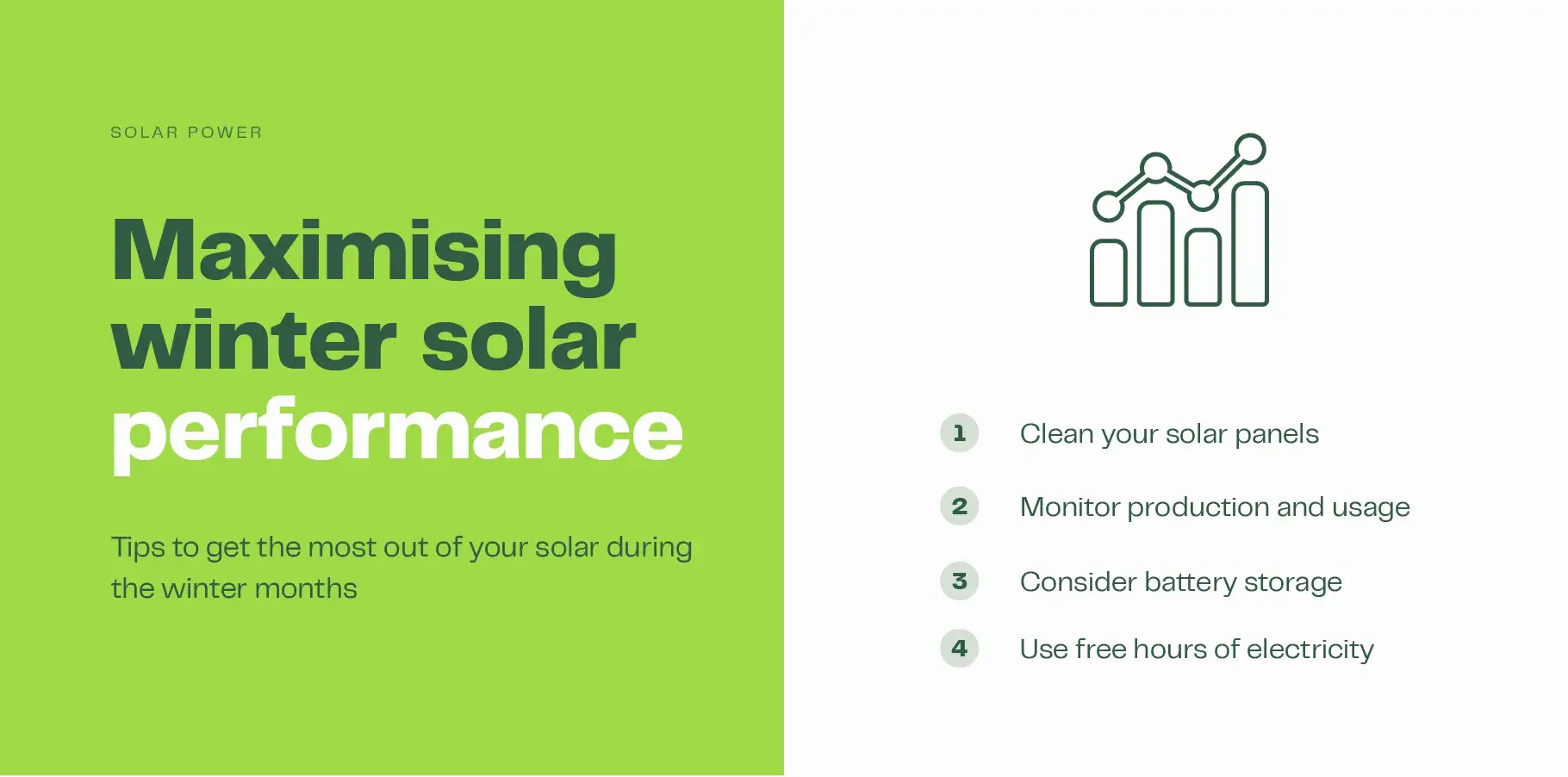 The infographic image explains how to maximise solar production in winter, including: 1. Clean your solar panels, 2. Monitor system performance, 3. Consider battery storage and 4. Use electricity free periods.