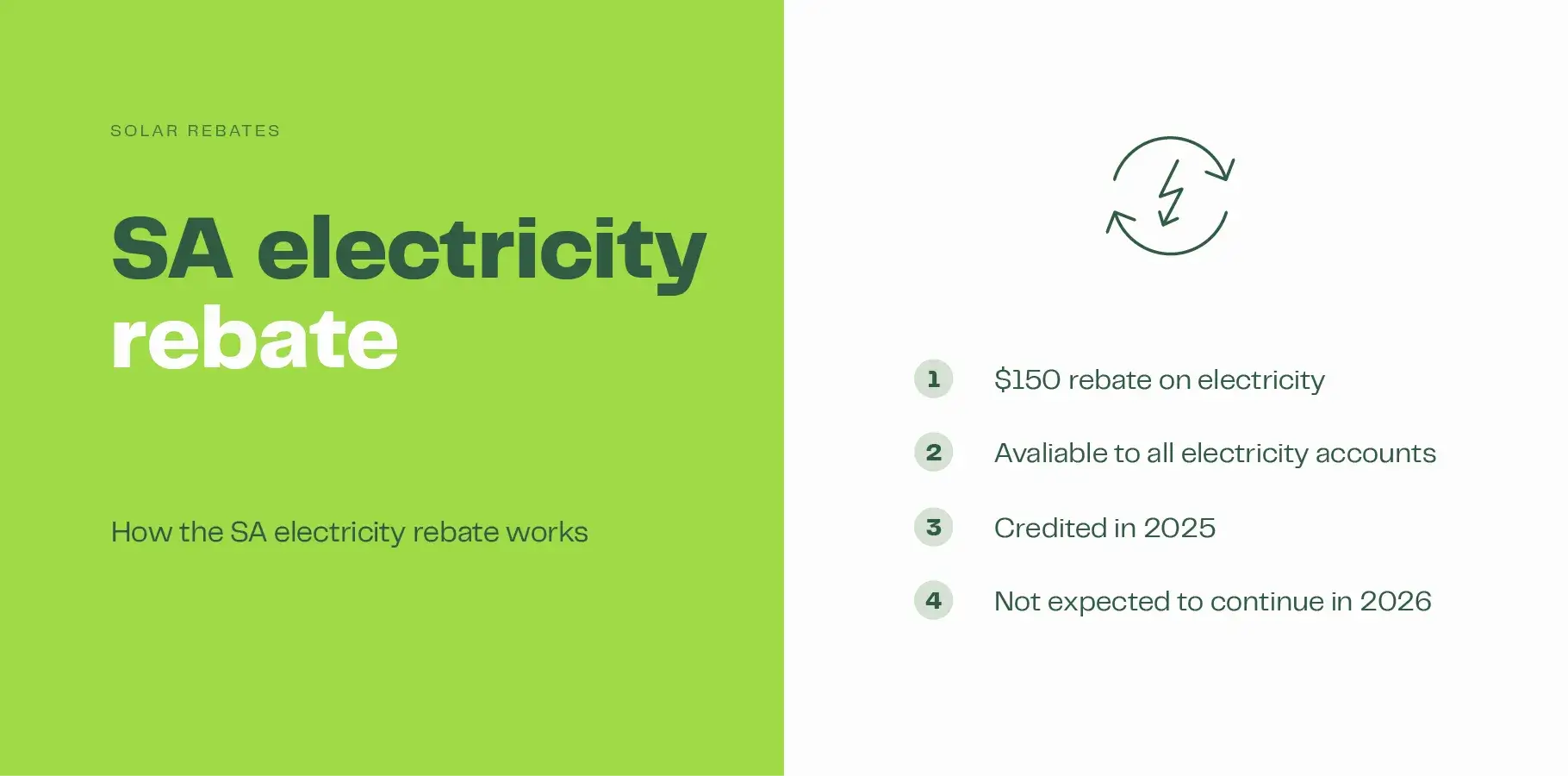 The infographic image explains how the SA electricity rebate was paid in two credits in 2025 and is not expected to continue into 2026